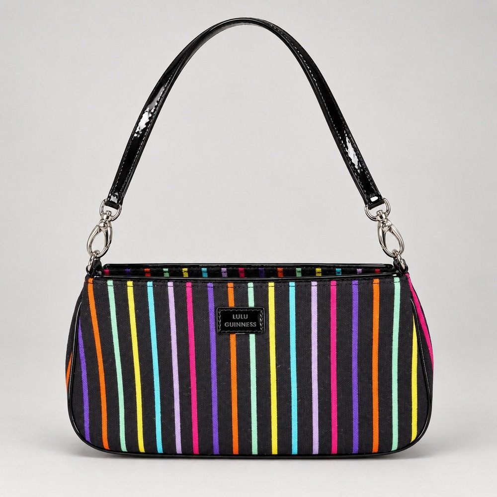 Lulu Guinness Shoulder Bag Women Small Black Multicolor Stripe Y2K Canvas Patent